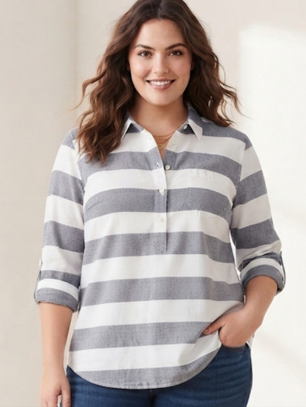 Merona Women's Gray & White Striped Half Button Lightweight Pullover Shirt XXL